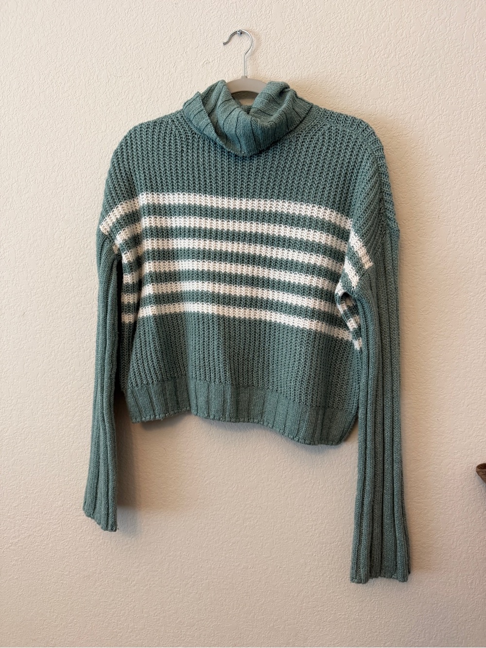 SO Striped Cowl-Neck Cropped Sweater in Sage Green and White